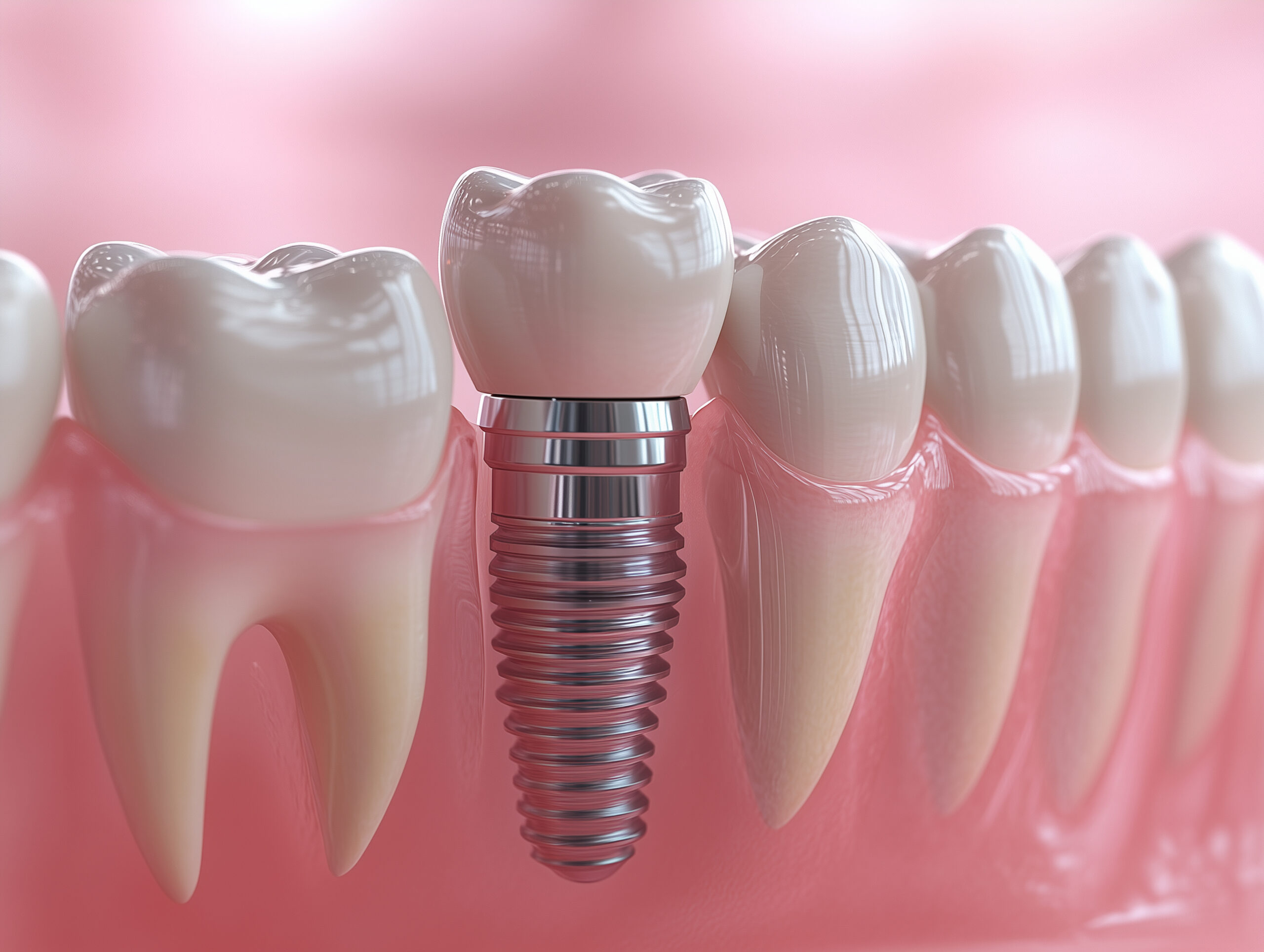 detailed 3D illustration of dental implant and crown, showcasing implant metallic structure alongside healthy teeth. This highlights dental restoration and oral health A detailed 3D illustration of dental implant and crown, showcasing implant metallic structure alongside healthy teeth. This highlights dental restoration and oral health