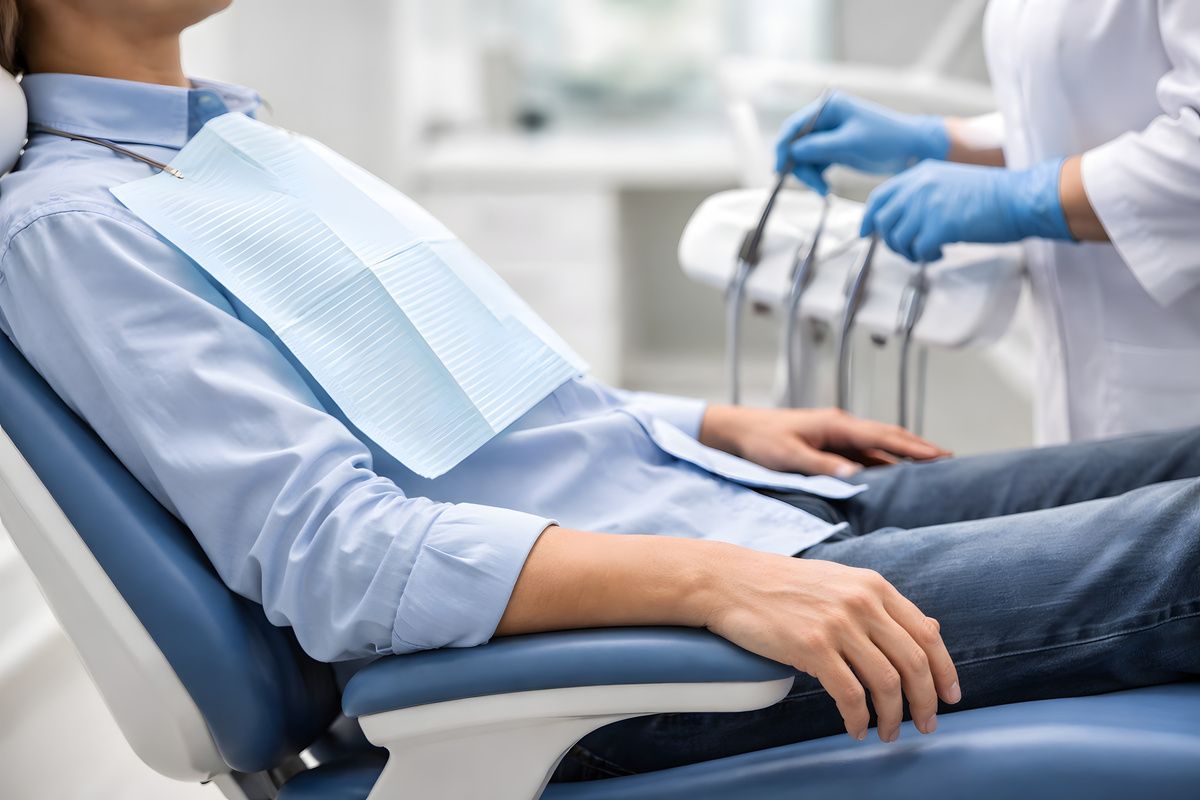 Patient in Dental Chair During Dental Visit, Face Not Visible Patient in Dental Chair During Dental Visit, Face Not Visible