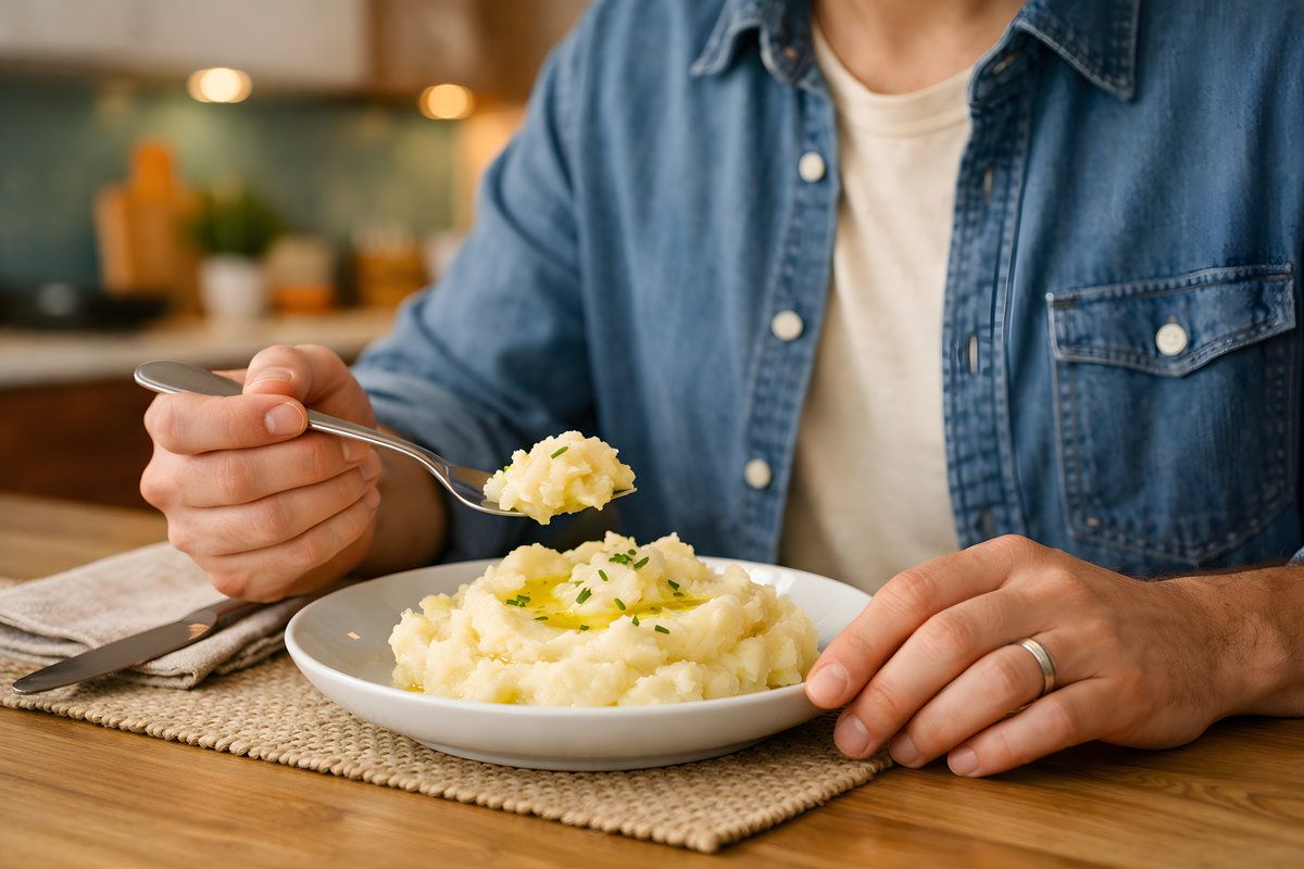 Man Eating Mashed Potatoes in Modern Clean Home Kitchen Man Eating Mashed Potatoes in Modern Clean Home Kitchen